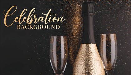 Champagne Celebration Background with Gold Label Bottle and Sparkling Flutes