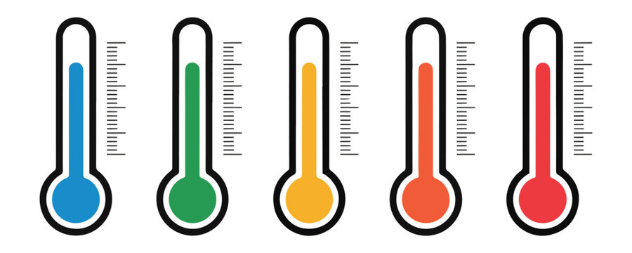 Set of colorful vector thermometers with different temperature levels, blue, green, yellow, orange, and red