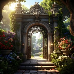 Ornate stone gate amidst lush greenery, opening onto a path in a sunlit garden. Fantasy-inspired, peaceful, and inviting scene