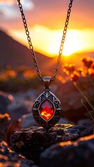 Ornate pendant necklace with a fiery gem on a rocky surface. Sunset lighting creates a warm glow