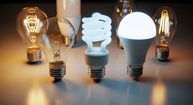 Various illuminated light bulbs on a reflective surface. - Powered by Adobe