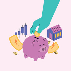 Financial Investment and Currency Exchange Concepts. Cute and simple style illustration. Preparing for the future through saving and investing.