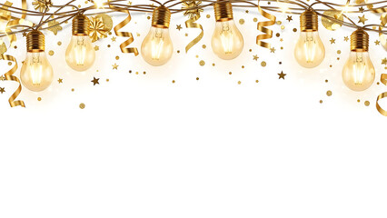golden string lights glowing vintage edison bulbs shimmering confetti frame festive design space for elegant new year and holiday party promotions.