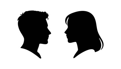 Human head  Collection of black silhouettes, diverse male and female side view faces, different hairstyles