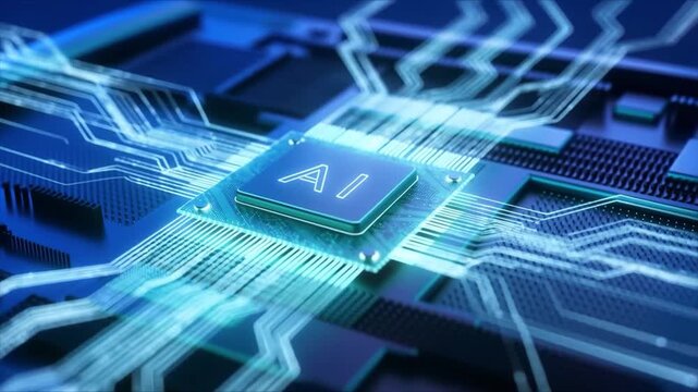 Artificial Intelligence Engine: Luminous Data Particles Flowing into Chip