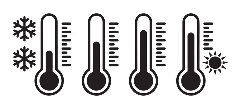 Four black and white thermometers displaying varying temperatures from cold to hot with weather symbols
