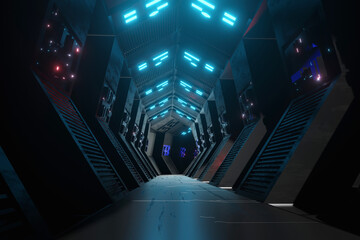 Futuristic data center corridor with glowing blue lights and server racks, representing artificial intelligence infrastructure, cloud computing technology, cybersecurity, and digital networks