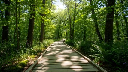 Fototapeta premium Serene Forest Path with Sunlight Filtering Through Trees