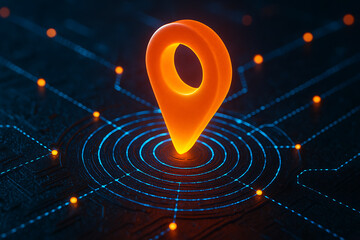 Glowing orange map pin on a futuristic blue circuit board background