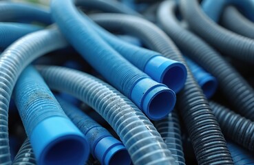 Bunch of blue and grey flexible corrugated pipes. These plastic tubes are coiled together. They appear clean and ready for use in industrial or domestic settings.