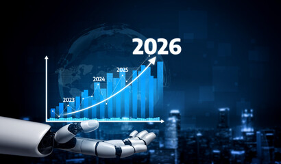 A futuristic robot hand displays a dynamic graph highlighting growth trends from 2023 to 2026, representing innovation in technology and data analysis. Tessel
