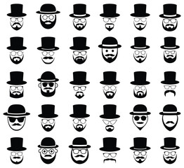 Vintage gentleman icons collection with hats, beards, and moustaches