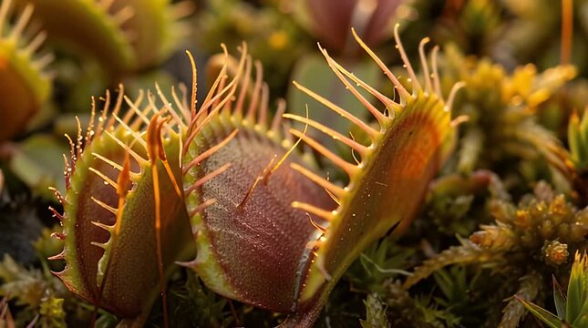 A venus fly trap plant with open jaws waiting to catch its prey in a lush green environment