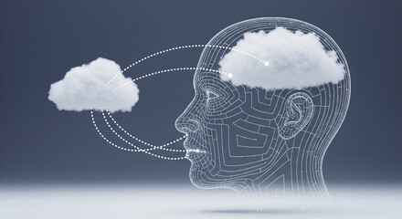 Cloud Connection: A conceptual representation of the human mind and cloud computing, illustrating the flow of ideas and information
