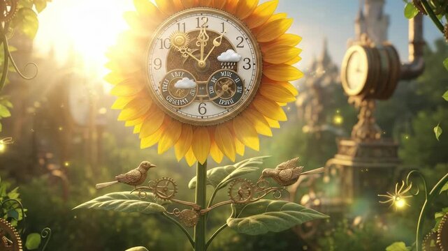 Steampunk sunflower with clock face and birds in a fantasy garden.