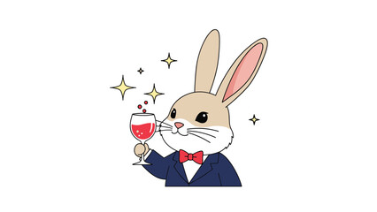 Obraz premium Sophisticated rabbit wearing a blue suit and red bow tie holding a glass of red wine decorated with sparkling stars.