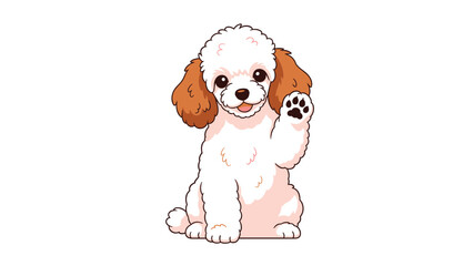 Adorable white and brown Toy Poodle sitting and waving its paw with a friendly and happy smile on its face.