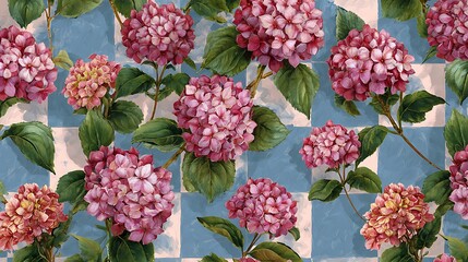 Pink hydrangea flowers on blue and white checkered background green leaves floral pattern
