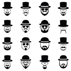 Set of gentleman beards, mustaches, hats icons. set of funny cartoon faces