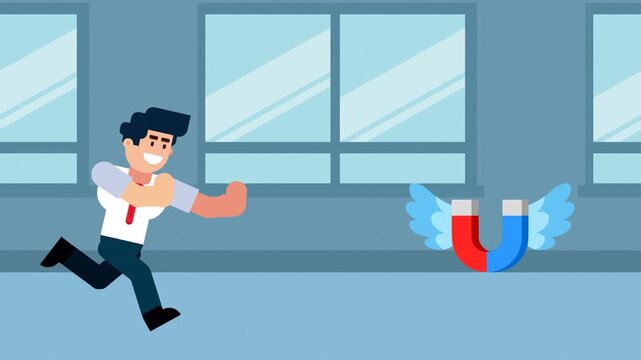businessman running after a flying magnet with wings, symbolizing attraction, goals, or opportunities.
