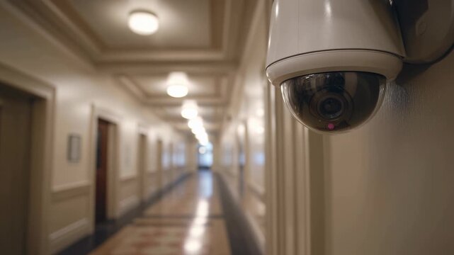 Monitoring Security Camera Observing Empty Hallway in Well Lit Building for Surveillance and Safety Purposes