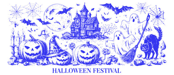 Vintage Blue Ink Halloween Festival Illustration with Pumpkins Ghosts and Haunted House