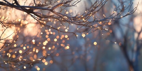 Lights shine on bare branches at dusk creating a bright scene in nature