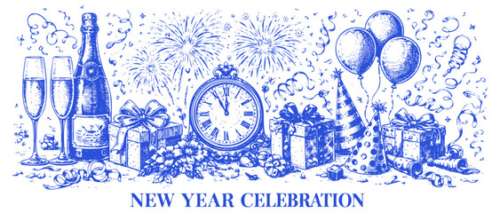 Vintage Blue Ink New Year Celebration Illustration with Champagne Clock and Fireworks