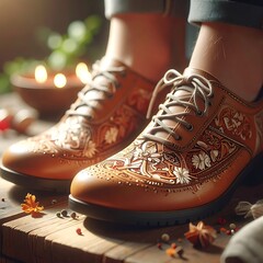 Ornate tan shoes are set on a worn wood surface with soft focus candles and spices