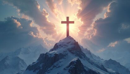 Wooden cross stands on snowy mountain peak. Sun rays break through clouds, creating dramatic light. Symbol of faith, hope, spirituality, image offers powerful visual storytelling for religious