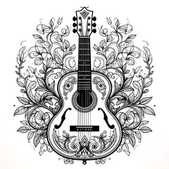 Ornate guitar surrounded by floral elements in a black and white line art style