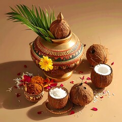 Ornate pot with coconut, flowers, and spices arranged on a tan surface, casting soft shadows from studio lighting