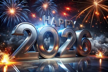Happy New Year 2026 with shiny silver numbers and vibrant fireworks display