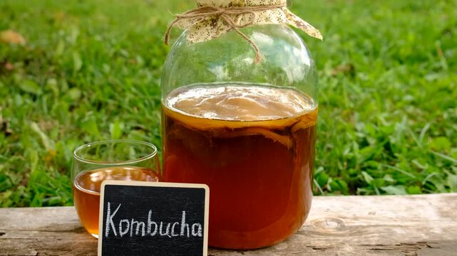Kombucha in a jar at home. Selective focus.