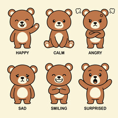 Fototapeta premium A collection of cartoon bears expressing various emotions including happiness, calmness, and surprise in an illustrated scene.
