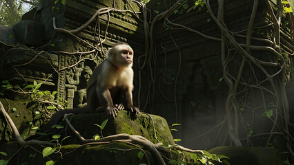 Curious monkey sitting on ancient stone temple ruin in jungle