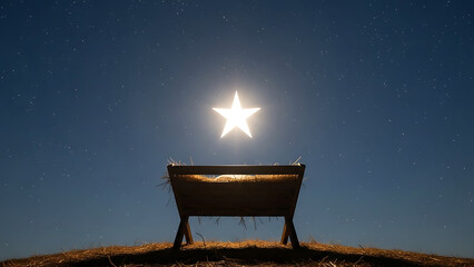 Peaceful nativity scene with star shining brightly in night sky