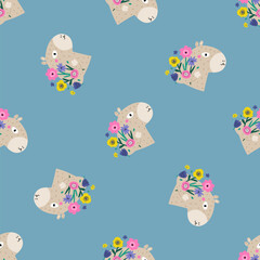 Floral Seamless Pattern with Cute Capybaras on Light Blue Background.