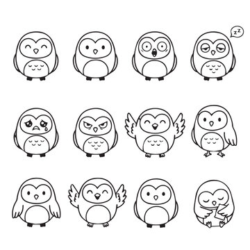 Collection of various owl illustrations in different poses and expressions