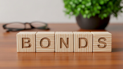 Bond Investment: A collection of wooden blocks spell out the word BONDS, representing financial instruments and investment strategies in the foreground. This visual is set against a wooden table.