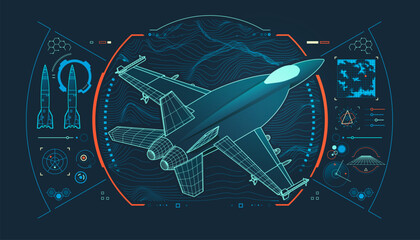 concept of military technology, graphic of air fighter with futuristic interface