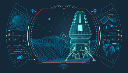 concept of space engineering or space industry, graphic of module landing or space shuttle with aerosapce elements and wireframe surface interface