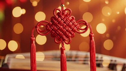 Traditional chinese knot decoration with red tassels on blurred background of golden lights celebrating lunar new year festivities