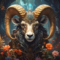 Ornate ram portrait surrounded by flowers, wearing a jeweled headpiece, mystical and detailed, against dark background