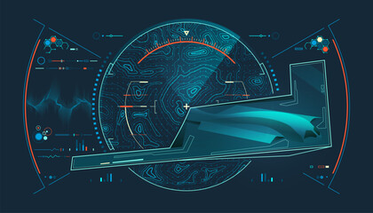 concept of modern warfare technology or aerospace engineering, graphic of military aircraft with stealth technology and futuristic radar elements as interface