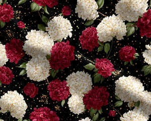 Red and white flowers with green leaves on black background with gold accents red roses white hydrangeas