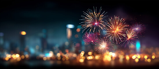 Vibrant new year 2026 fireworks display illuminates night sky heavily defocused background pyrotechnic celebration visualization festive milestone display with copy space