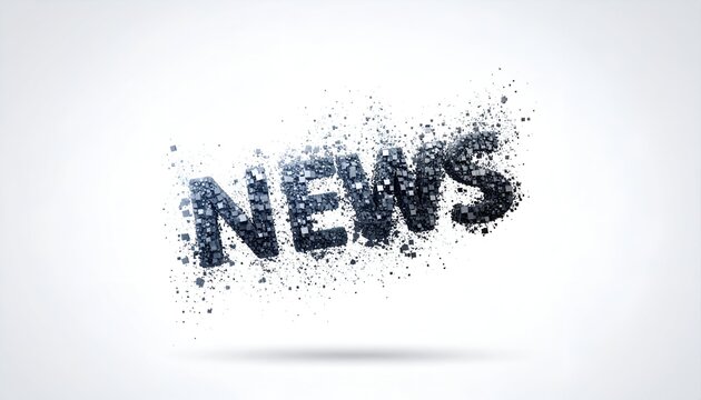 NEWS" word in angled, textured blue-grey particles bursting from the center on white