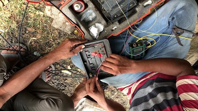 Telecom worker performing precise fiber optic fusion splicing outdoors, symbolizing high-speed internet installation, broadband connectivity, and modern network technology.
