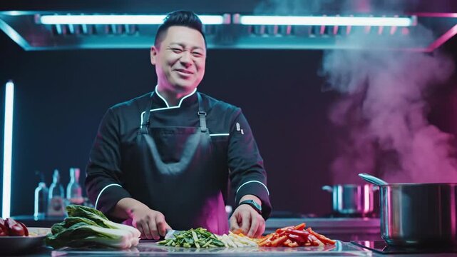 Professional Asian chef showcasing culinary mastery and the art of food preparation in a vibrant, modern kitchen with stylish neon lighting, perfect for gourmet content